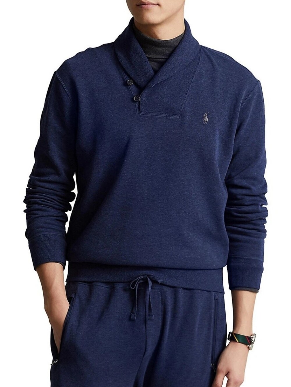 🐎Polo Ralph Lauren Jersey Shawl-Collar Pullover Navy Heather. Y2K QUIET LUXURY